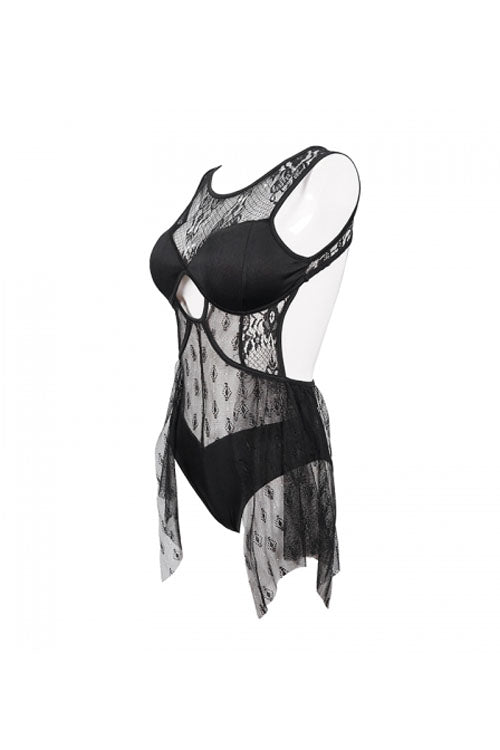 Gothic One Piece Swimsuit with Back Lace Stitching, Cross Strap, Lace Up