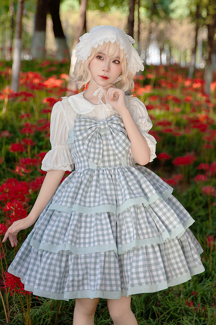 Triple-Layered Tartan Bow-Adorned Sweet Princess Gown with Ruffles - Cloth Cat