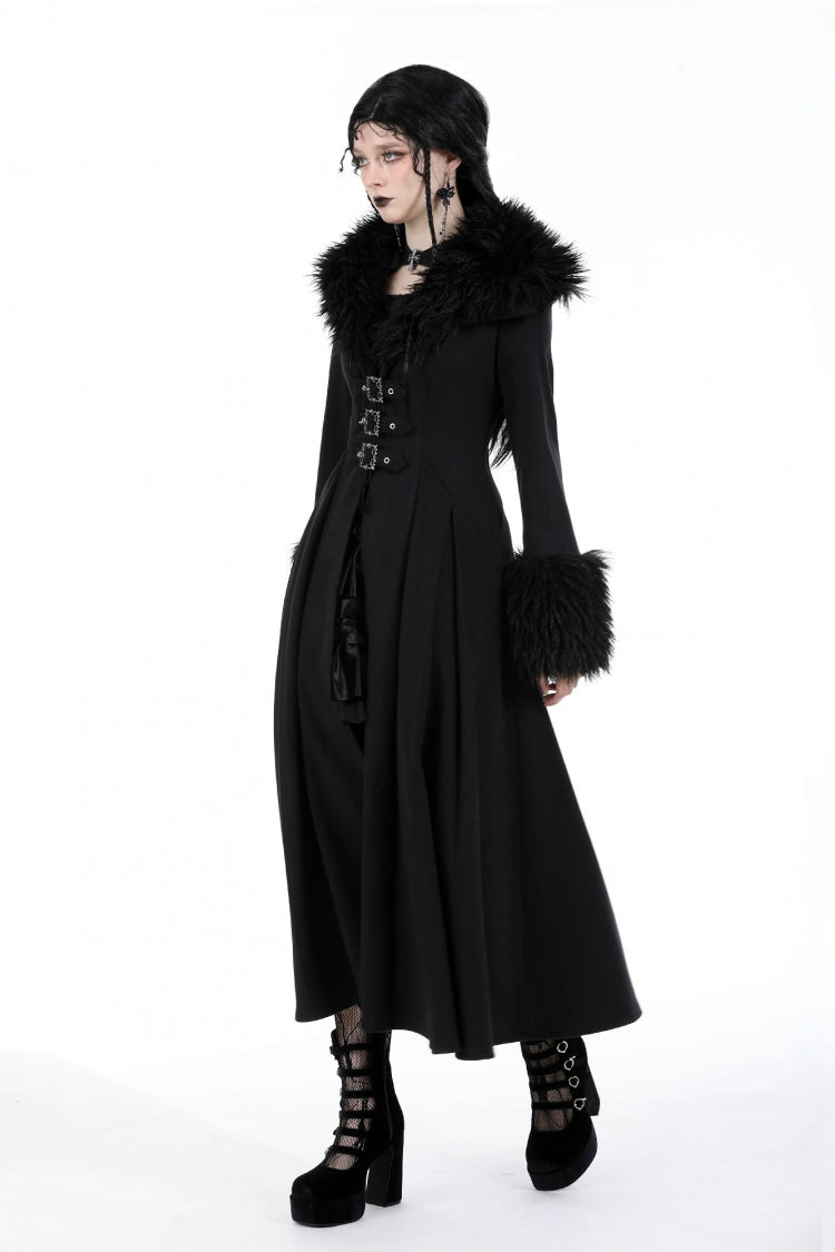 Gothic Draped Coat with Buckle Lace-Up, Faux Fur Collar, and Extended Sleeves