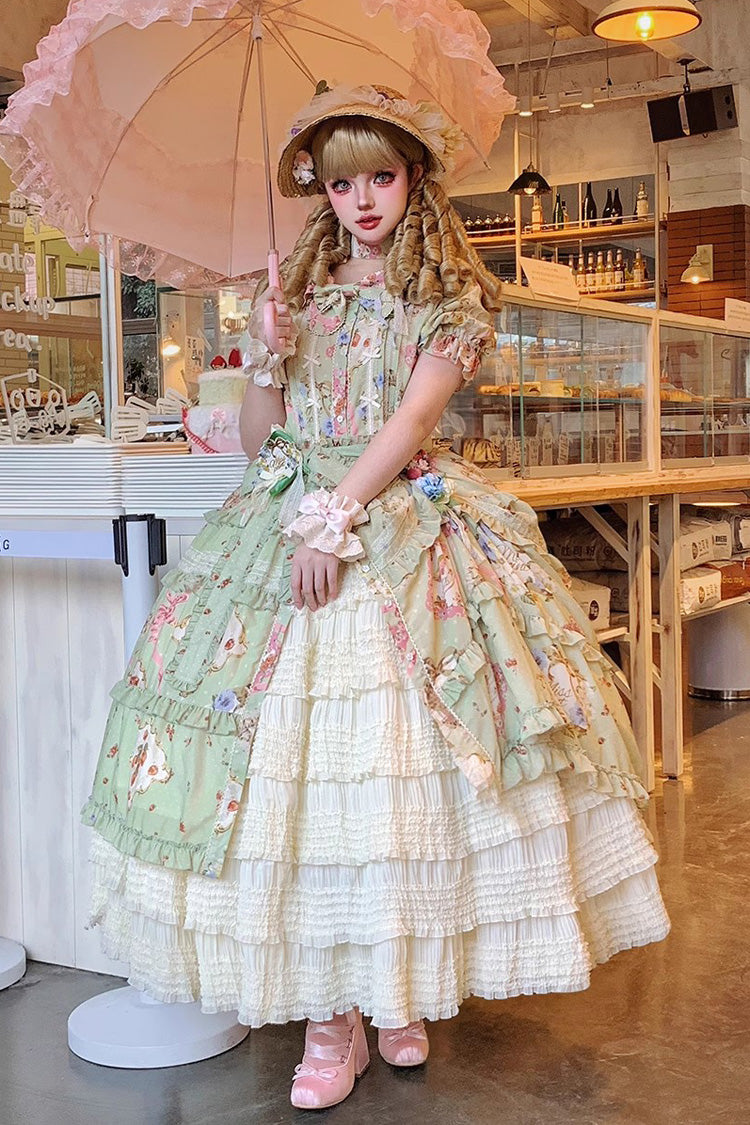Emerald Cat Rose Tea Short Sleeve Printed Ruffle Cardigan Bow Daily Lolita Gown