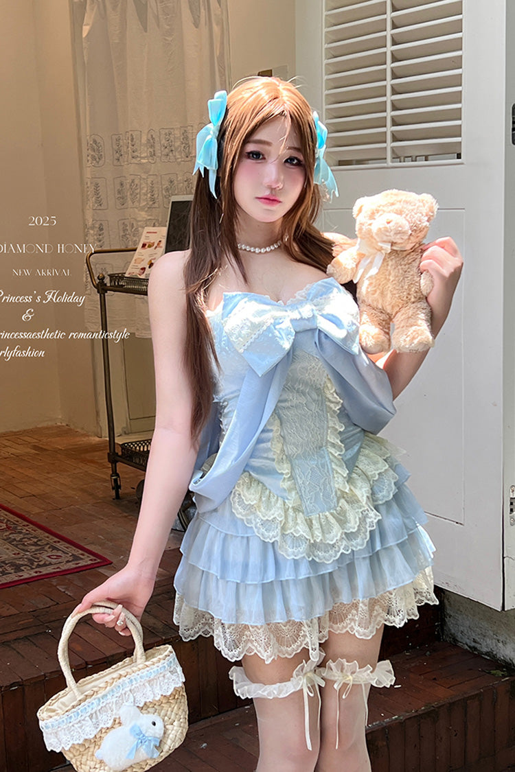 Double-Layered Ruffled Bow Lace Two-Piece Skirt Set - Antique Girl