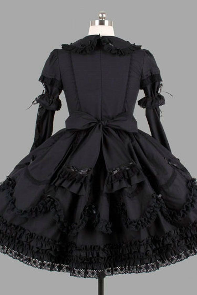 Knee-Length Gothic Lolita Dress with Multi-Layer Ruffles and Long Sleeves