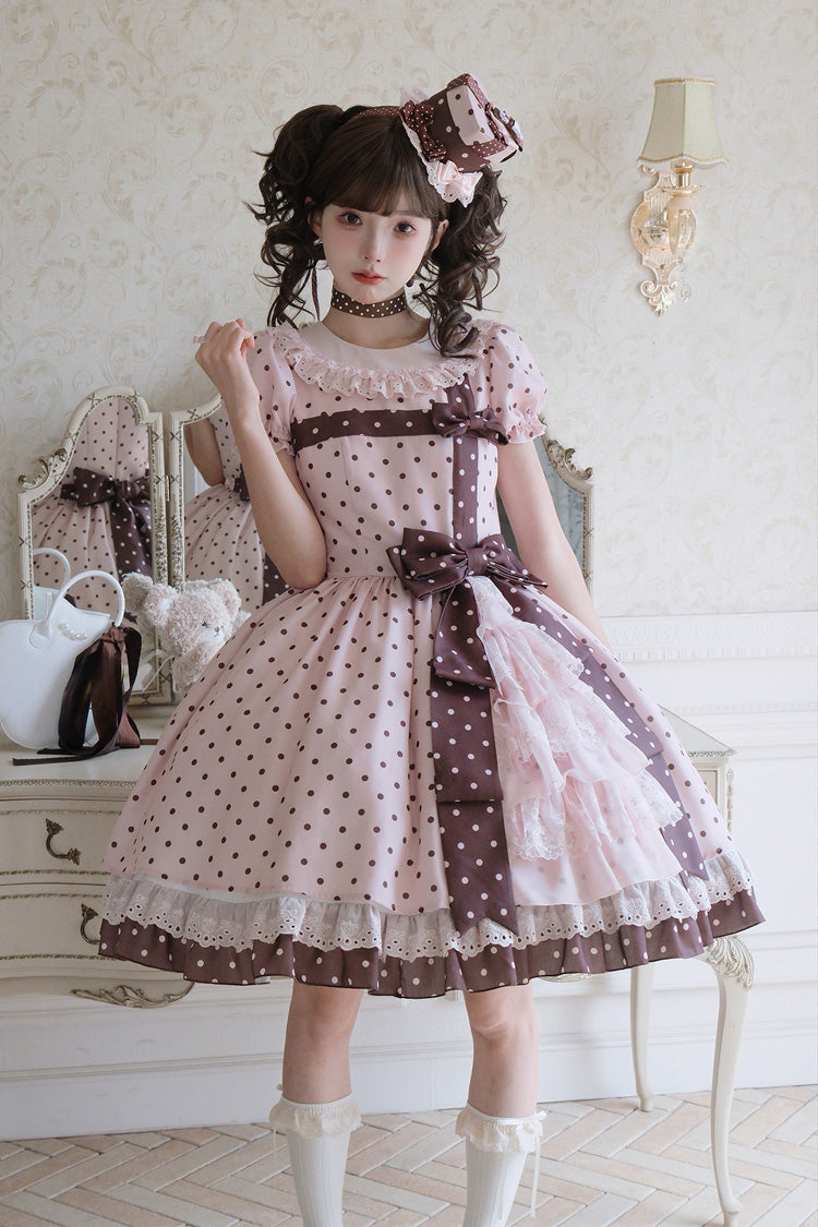 Canelé Gift Box Round Collar Short-Sleeve Polka Dot Ruffle Open Bow Asymmetric Lolita Dress