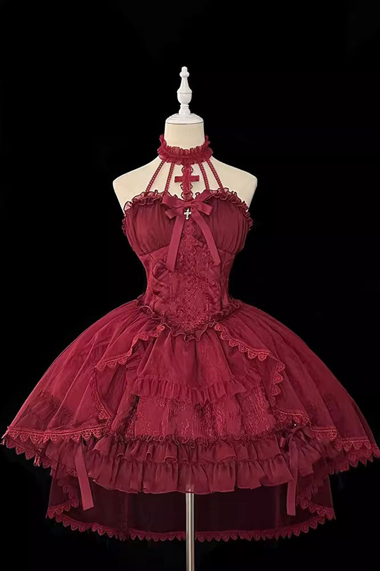 Burgundy Cross-Strap Bow Lace Princess Gothic Lolita Gown