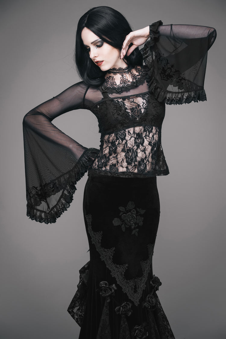 Gothic T-Shirt with Big Flare Sleeves Rose Lace and Mesh Collar