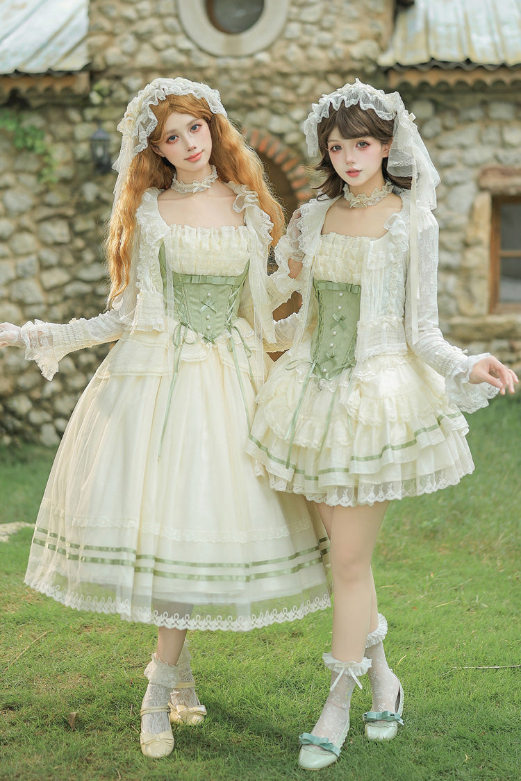 Emerald Square Neck Ruffled Lace Bow Accent Sweet Lolita JSK in Two Styles