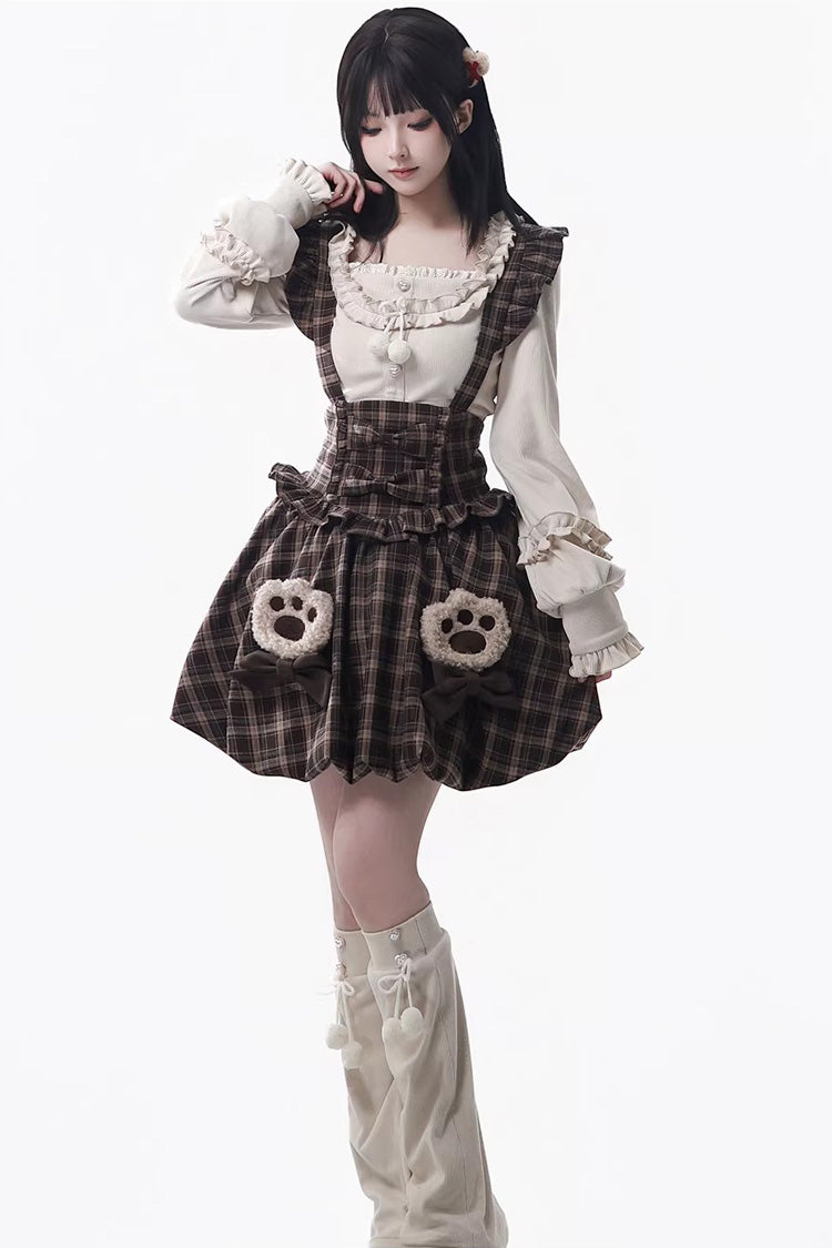 Chocolate Plaid Ruffle Bow Strap Dress - Fluffy Little Bear