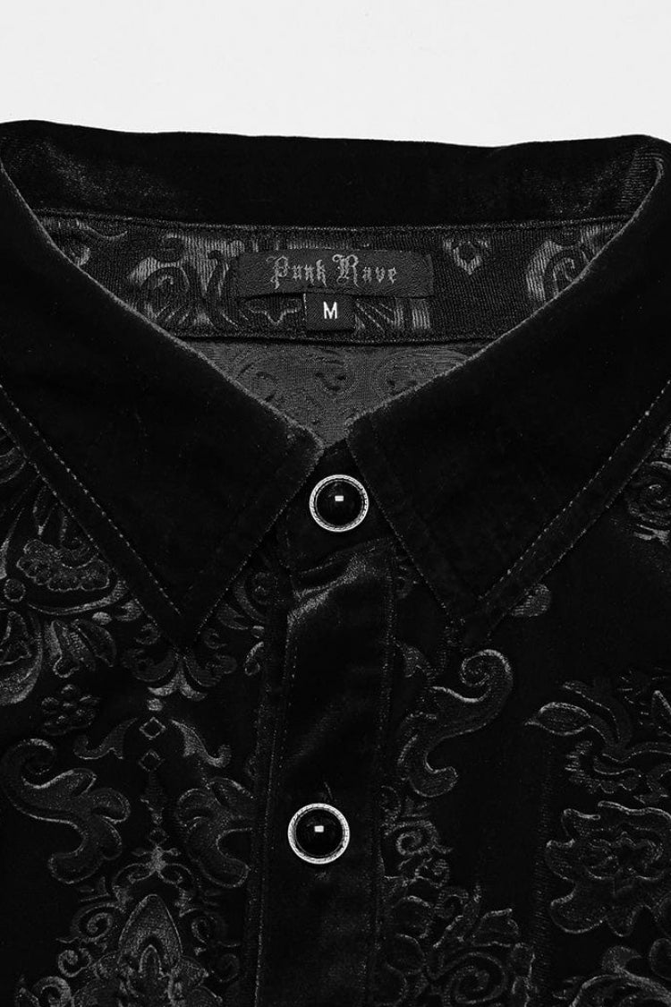 Gothic Men's Velvet Blouse with Embossed Print - Long Sleeve - Dual Colors
