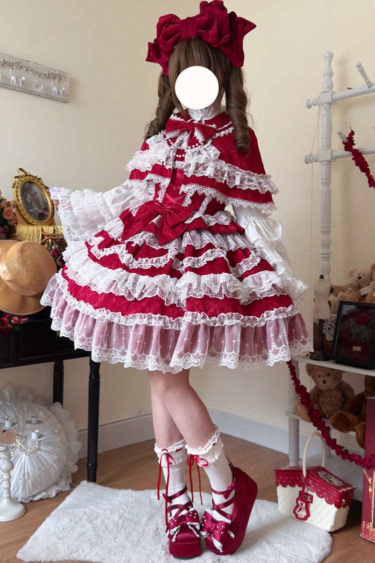 Burgundy Love and Heart Flutter Sleeveless Layered Ruffle Bow Lace Pearl Sweet Lolita JSK Gown