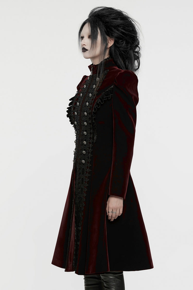Crimson Noir Floral Embroidered Puff-Sleeve Women's Gothic Overcoat