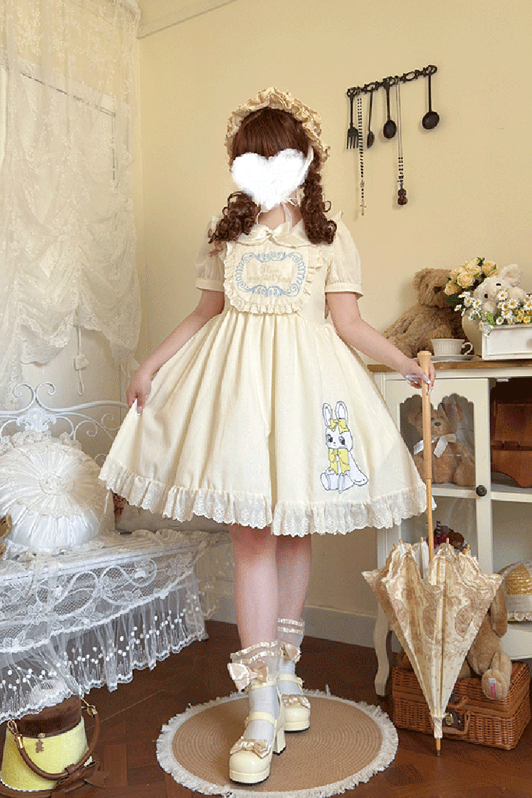 Sweet Dream Bunny Doll Collar Short Sleeves Ruffle Embroidery Bowknot Sweet Plus Size Lolita Dress