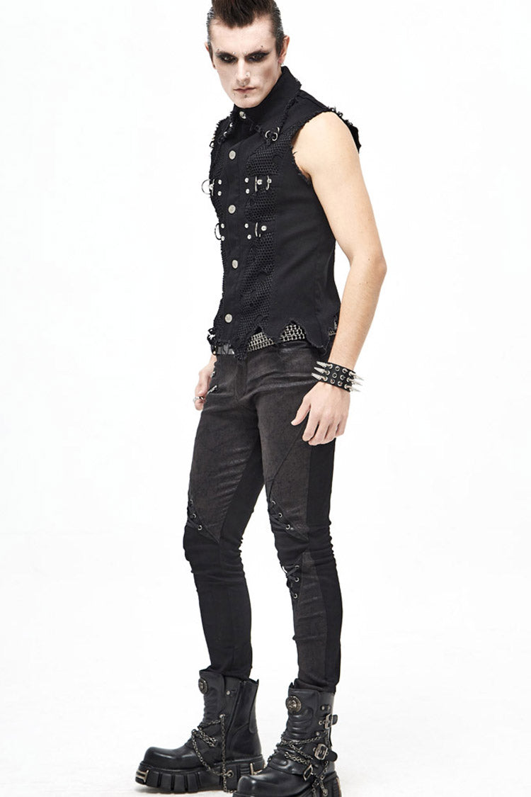 Distressed Mesh-Trimmed Punk Waistcoat with Raw Hem - Noir