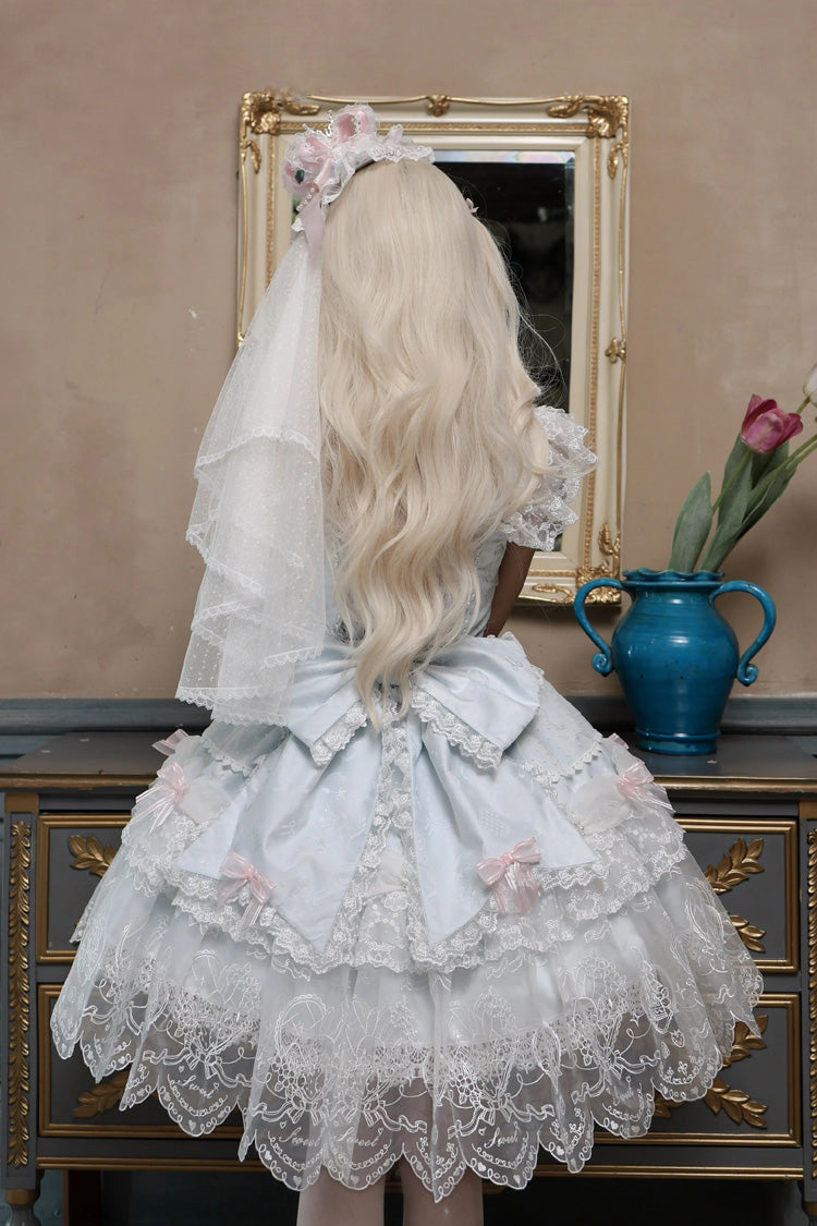 Square Collar Flutter Sleeves Jacquard Ruffled Bow Princess JSK - Bunny Dream Letter