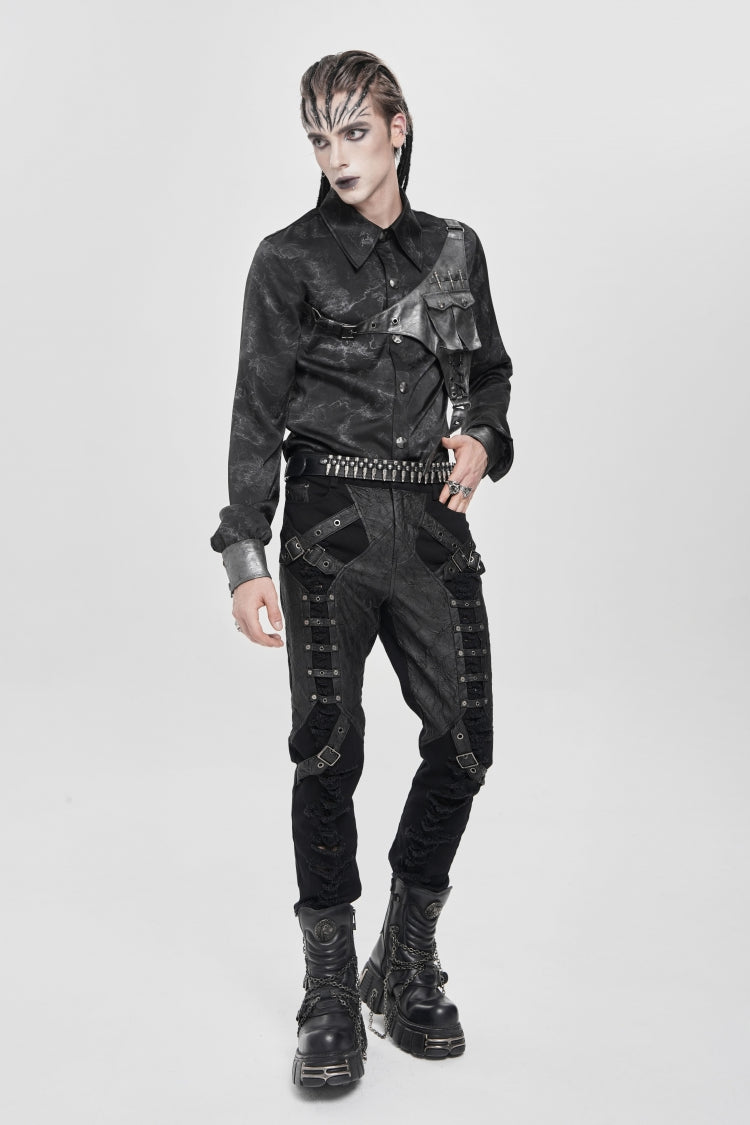 Punk Asymmetric Blouse with Print Stitching and Bullet Detail, Long Sleeve