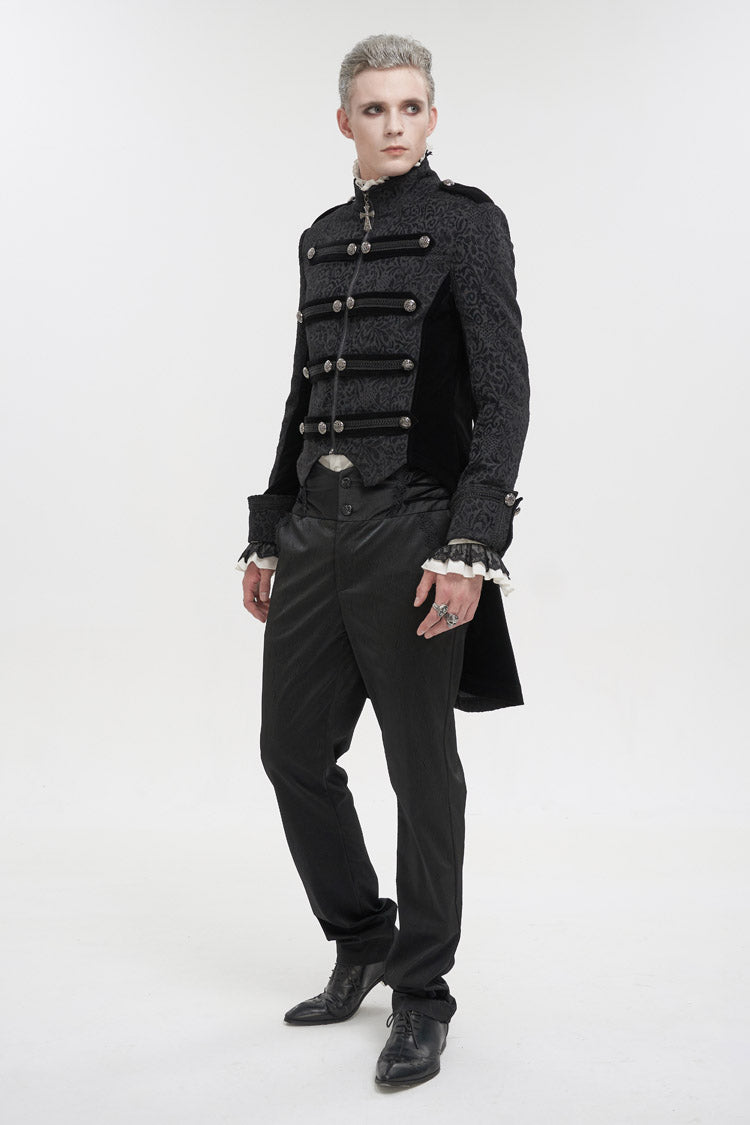 Vintage Cross-Print Stand-Collar Jacket with Back Slit