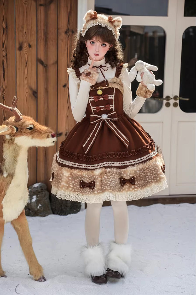Chocolate Ruffled Bow Plush JSK - Hazelnut Moose