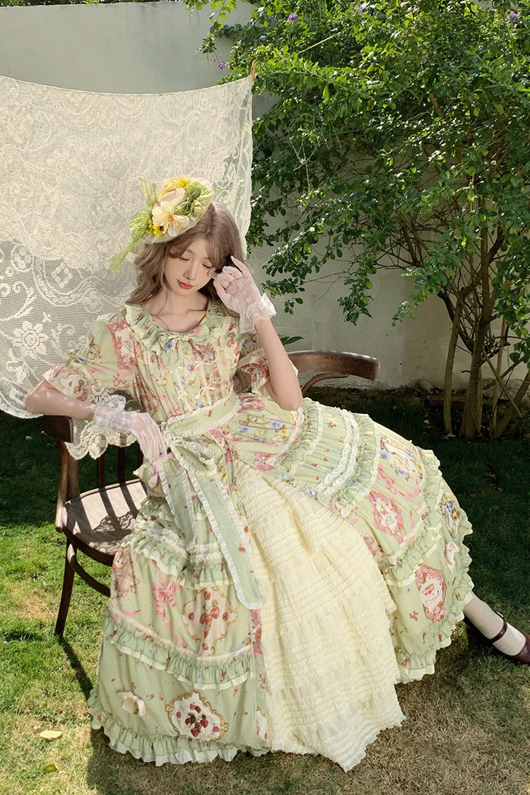 Emerald Cat Rose Tea Short Sleeve Printed Ruffle Cardigan Bow Sweet Lolita Gown