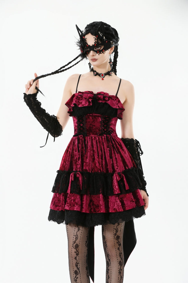 Maroon Corset Velvet Pointed-Tail Gothic Cami Mini Dress