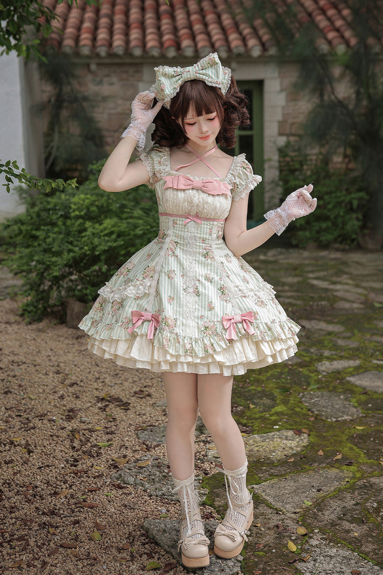 Emerald An Encounter with Austin Square Collar Short Sleeve Multi Rose Printed Ruffled Bow Lace Sweet Lolita Gown