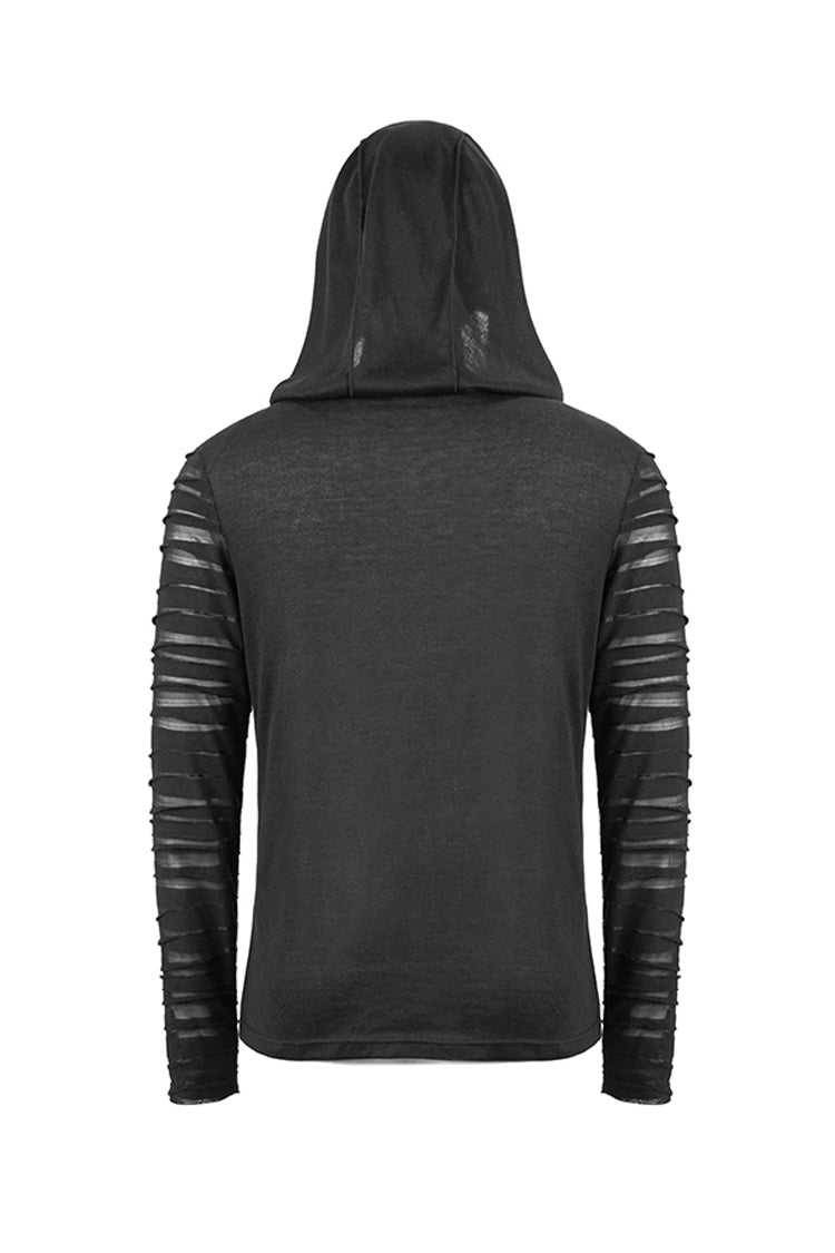 Men's Punk T-Shirt with Hood and Metal Button Striped Patchwork