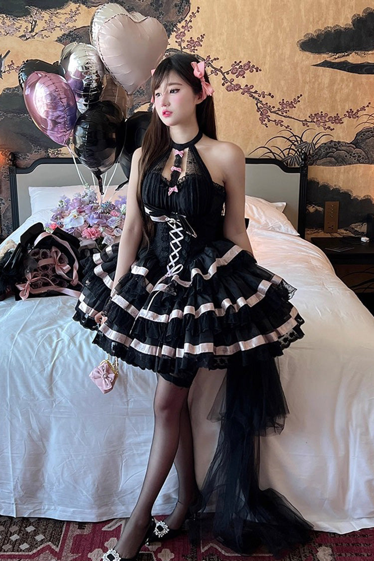 Halterneck Triple-Layered Ruffle Bow Sweet Lolita Dress - Ballet Dream