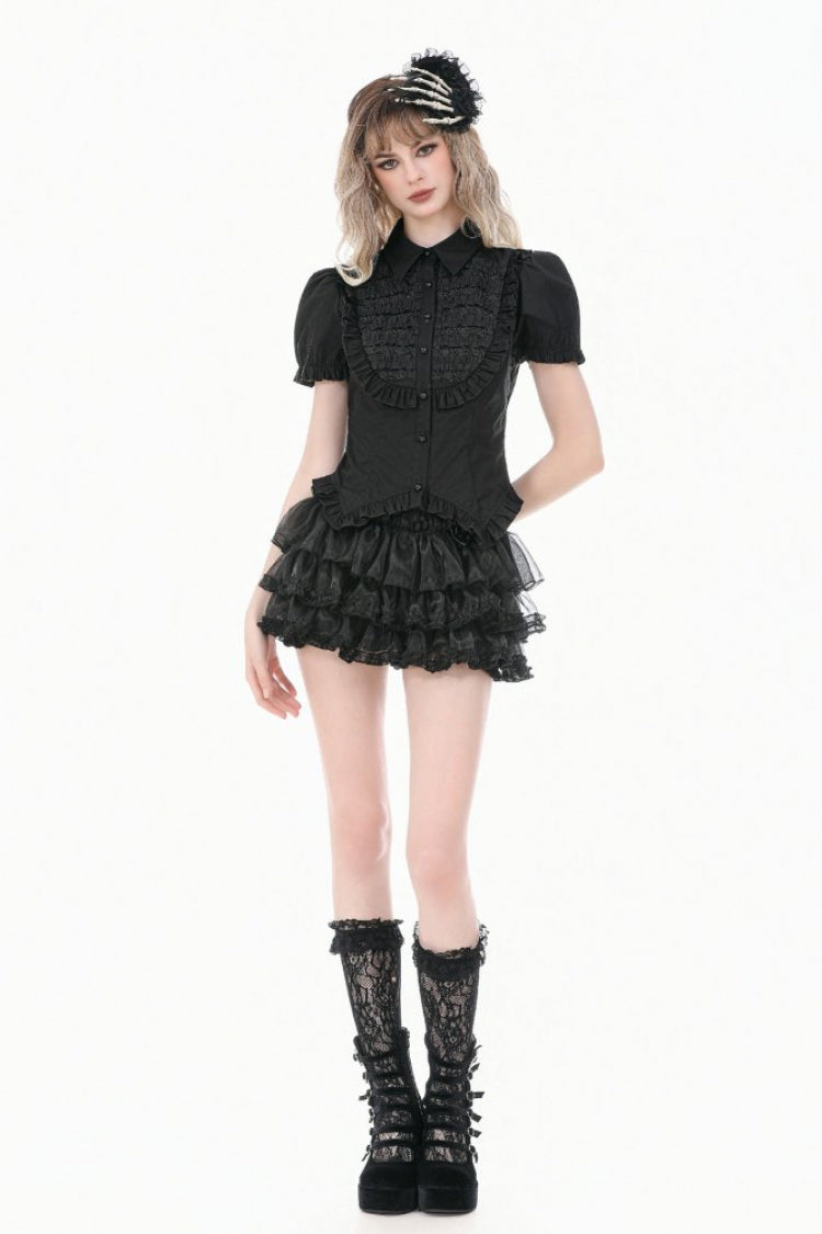 Victorian Slim Blouse with Ruffled Puff Sleeves - Gothic Edge