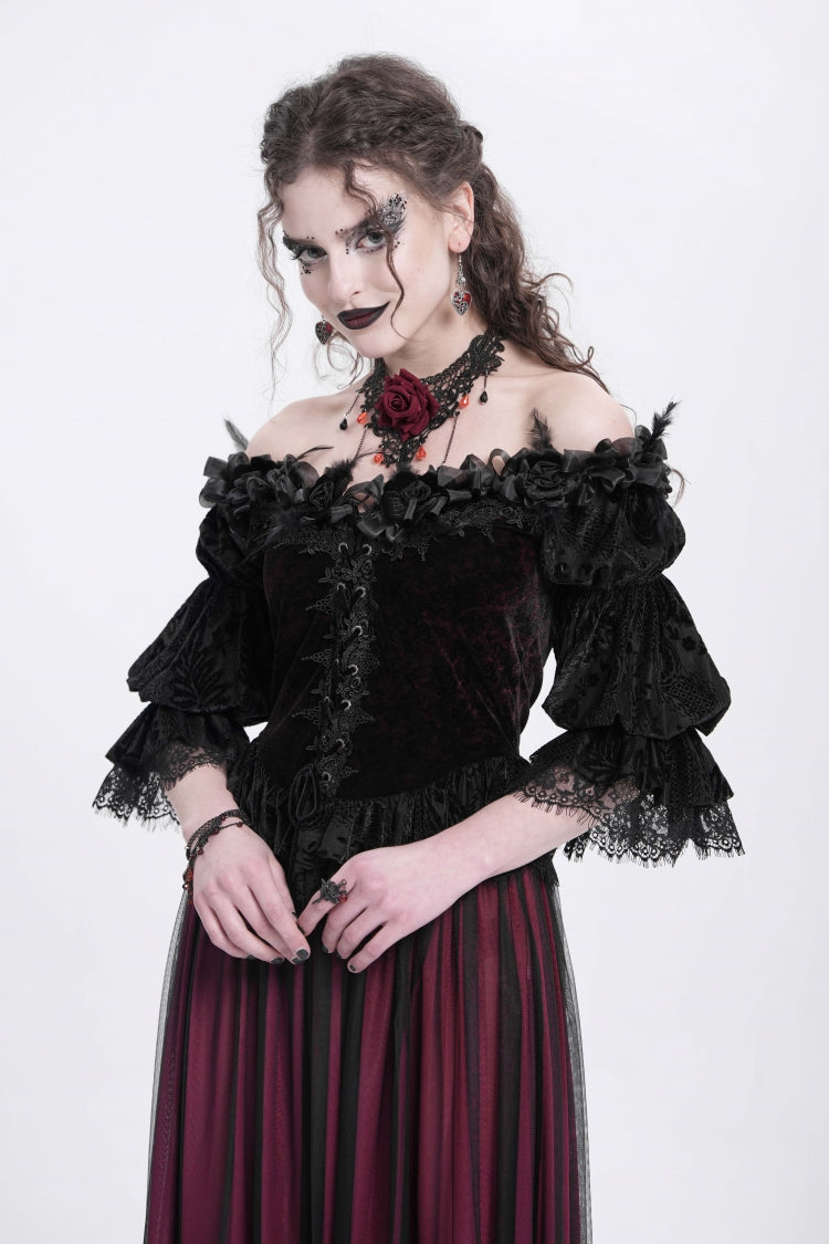 Crimson Gothic Blouse with Ruffled Sleeves and Lace-Up Front
