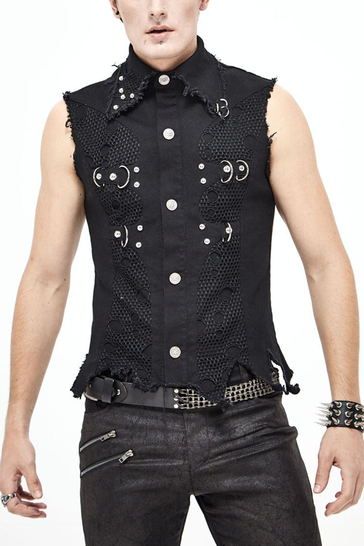 Distressed Mesh-Trimmed Punk Waistcoat with Raw Hem - Noir