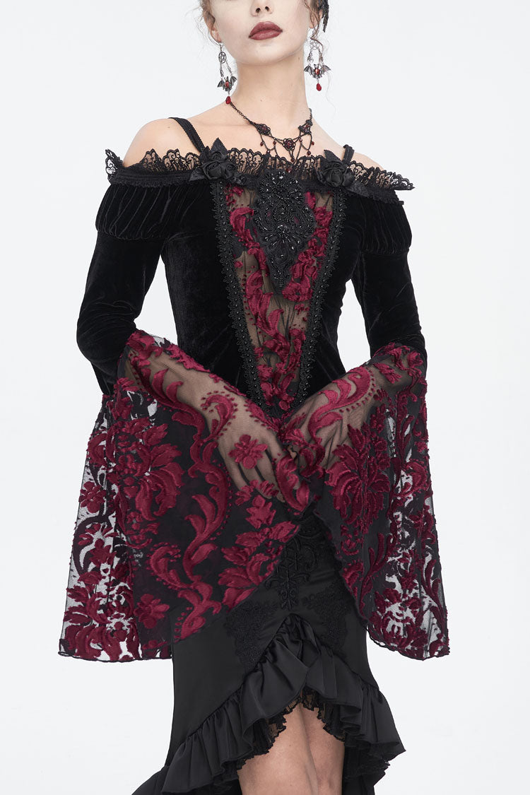 Crimson & Noir Off-Shoulder Flared Sleeve Embroidered Lace Gothic Top