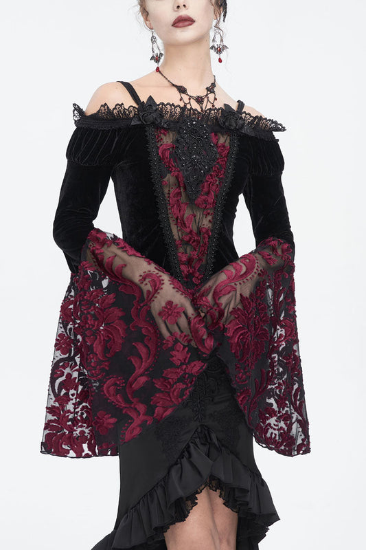 Crimson & Noir Off-Shoulder Flared Sleeve Embroidered Lace Gothic Top