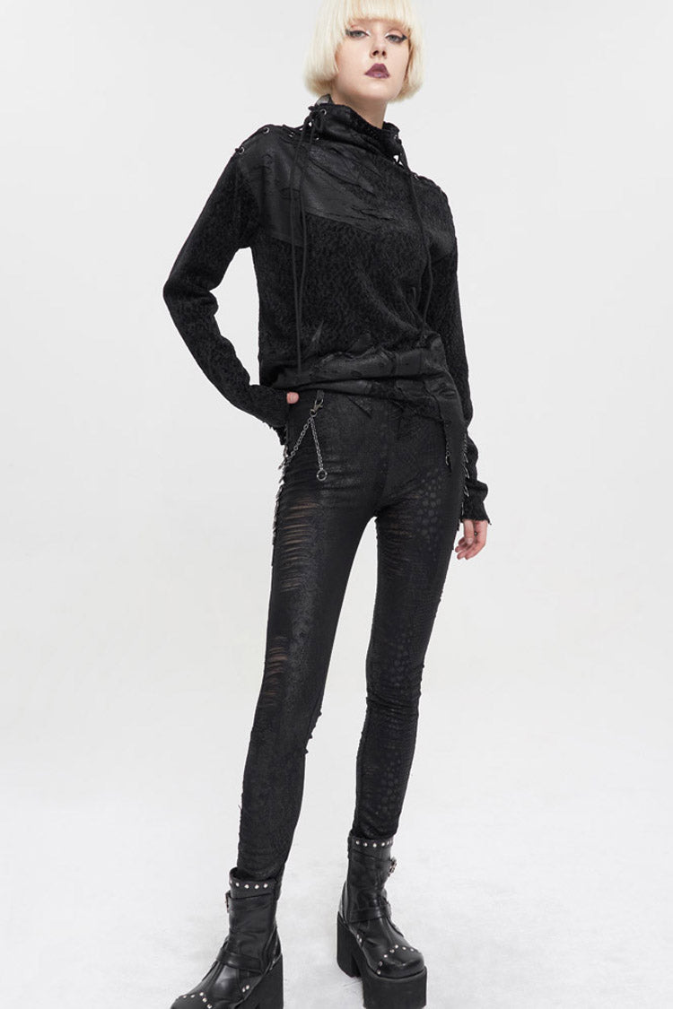 Gothic Black Knit Pants with Detachable Chain & Semi-Sheer Irregular Cut