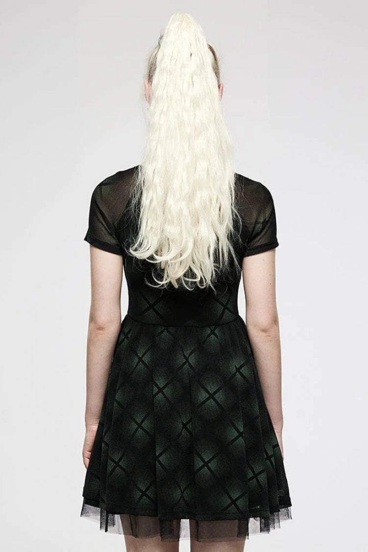 Emerald Short Sleeve Plaid Print Stitched Mesh Punk Dress for Women