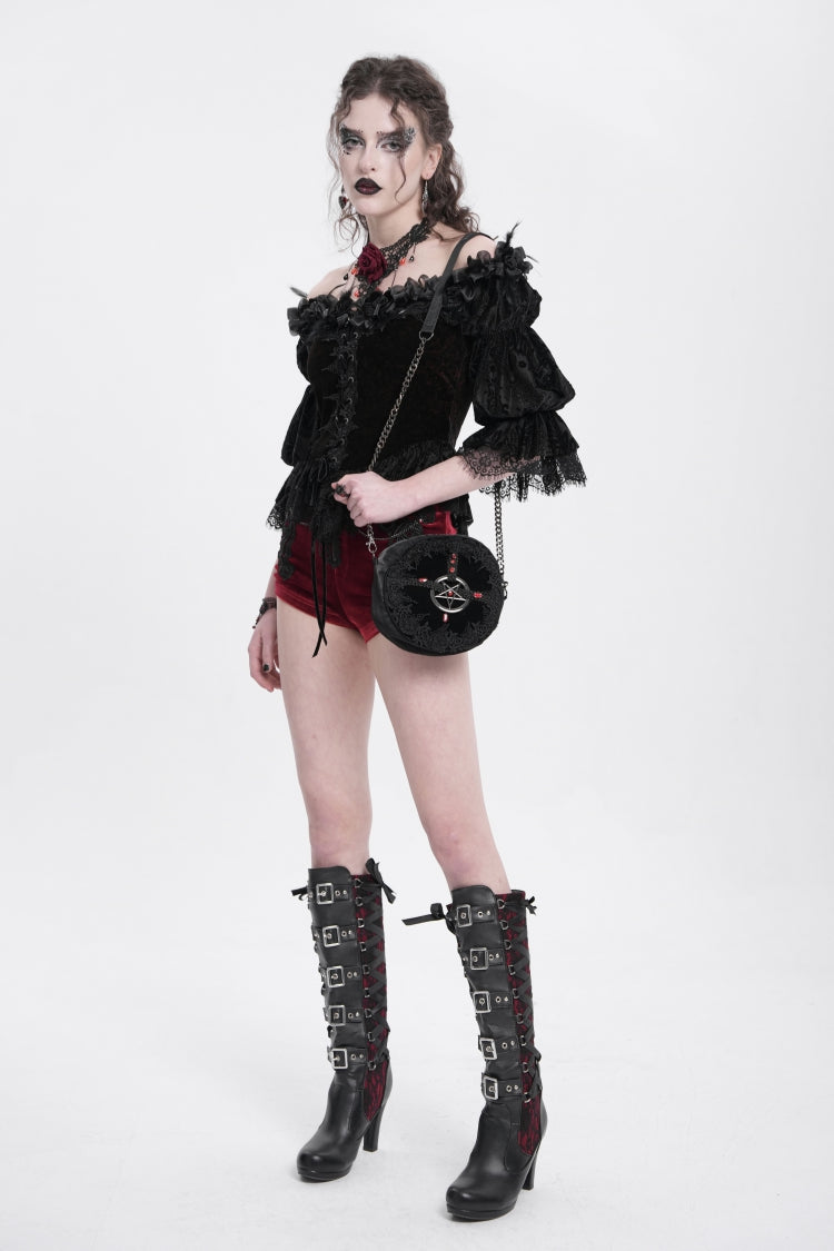 Crimson Gothic Blouse with Ruffled Sleeves and Lace-Up Front