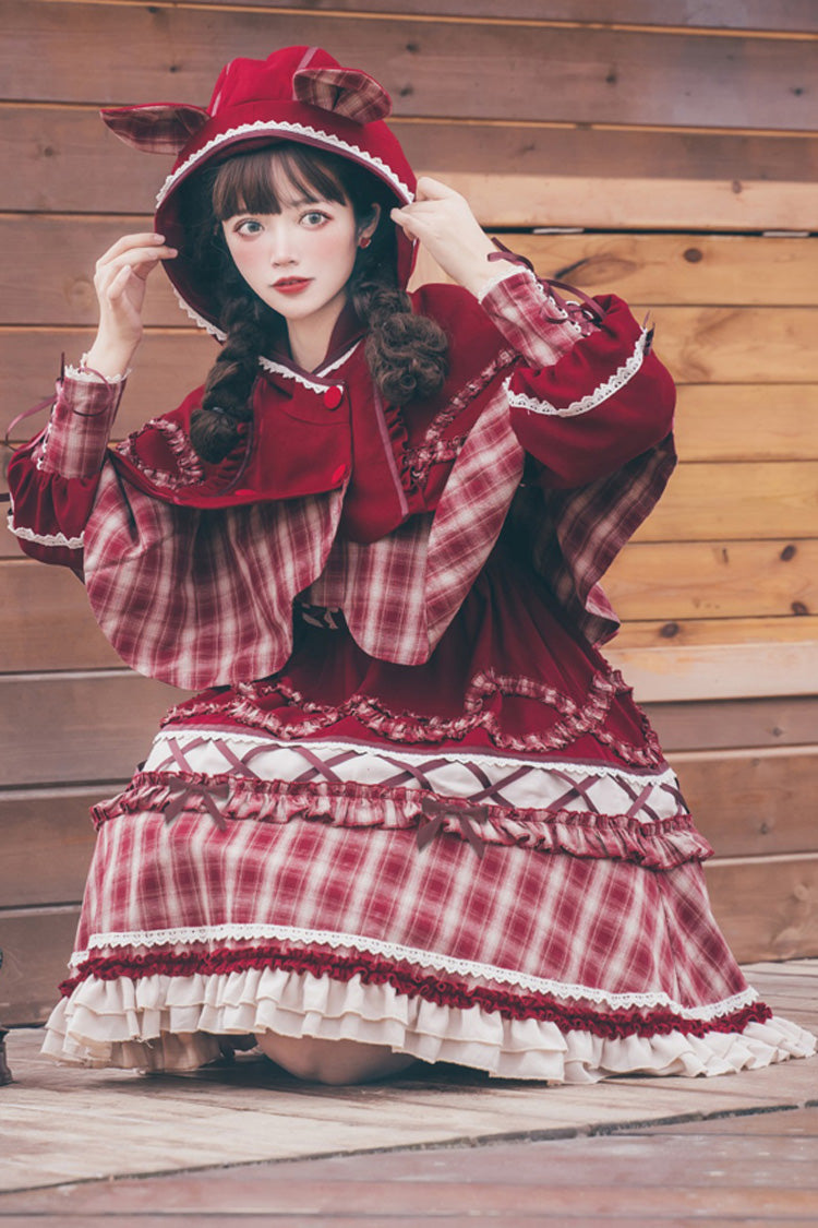 Crimson Plaid Layered Lolita OP with Lantern Sleeves and Bows
