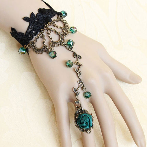 Gothic Lolita Bracelet and Ring Set with Green Beads and Lace