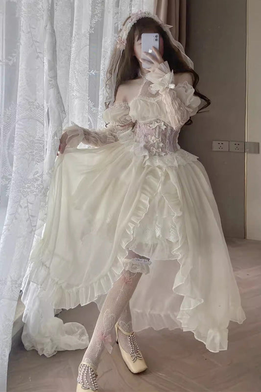 Sweet Lolita Dress with Ballet Twins Ruffle Bowknot, Short Front Long Back in 2 Colors