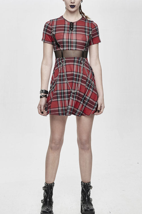 Crimson Stretchy Plaid Gothic Dress with Chain Details