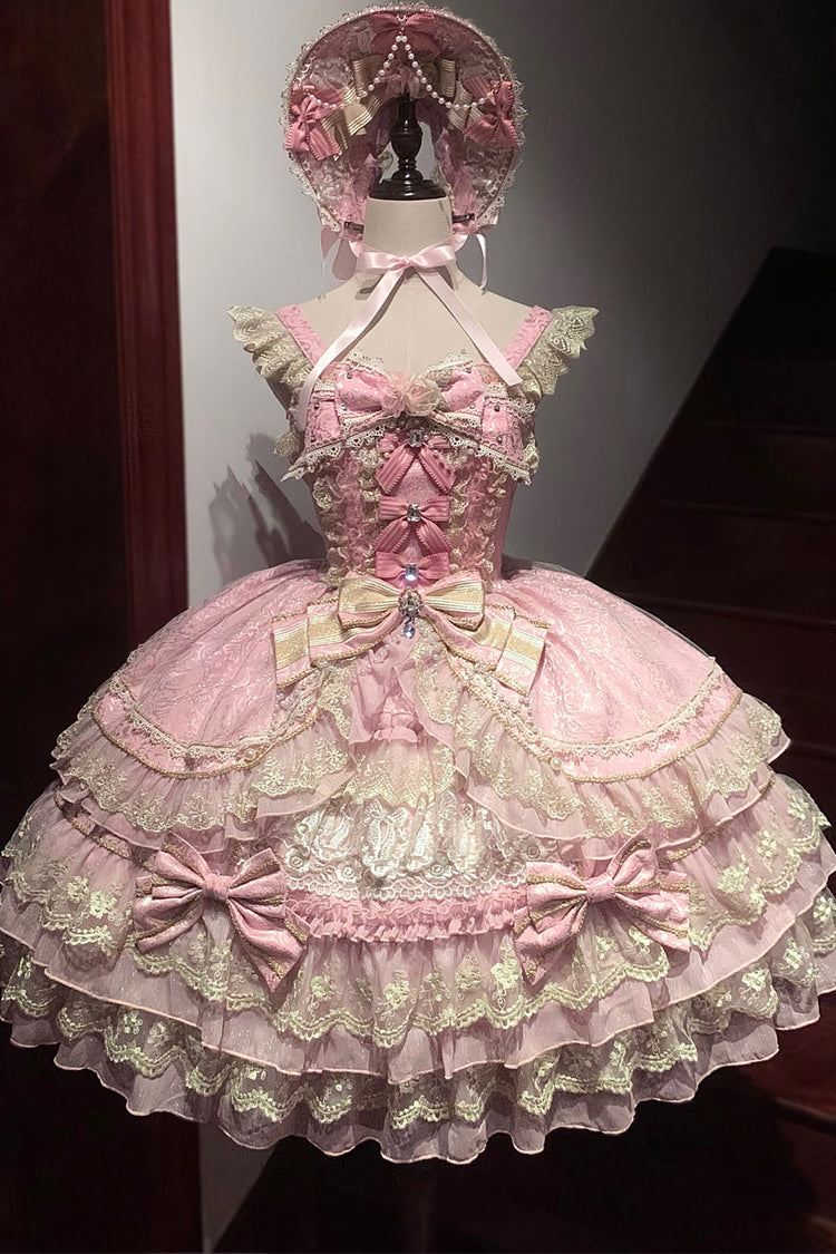 Pink Gem Crown Triple Ruffle Bow Lace Elegant Lolita JSK