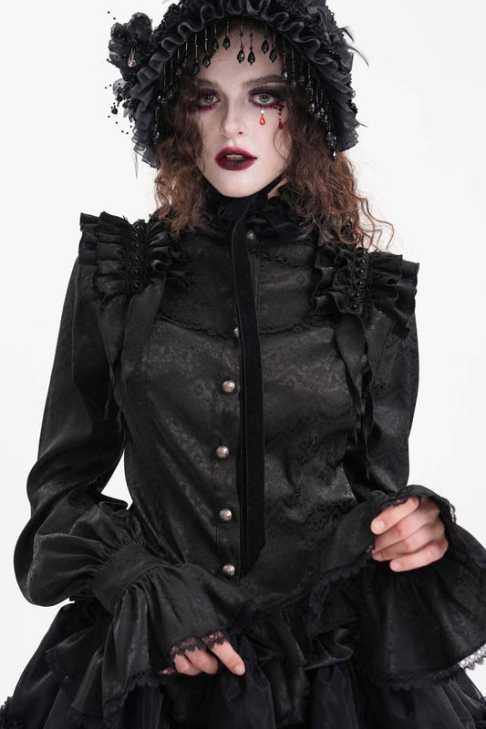 Women's Gothic Blouse with Ruffle Lace and Print, Long-Sleeve Victorian Style