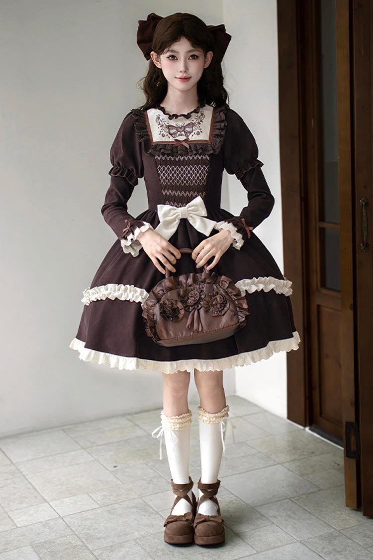 Chocolate Double Layer Ruffle Bow Embroidered Short Lolita Dress - Miss Brown