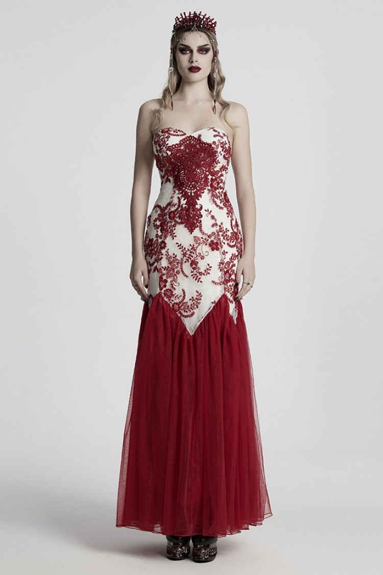 Crimson Fishtail Gown with Embroidered Lace and Slim Silhouette
