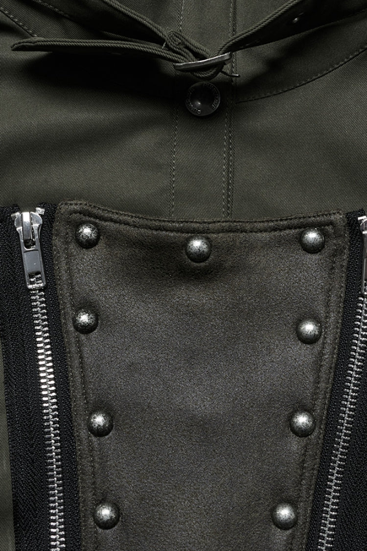 Emerald Stand Collar Long Sleeve Stitching Faux Leather Gothic Military Jacket for Women