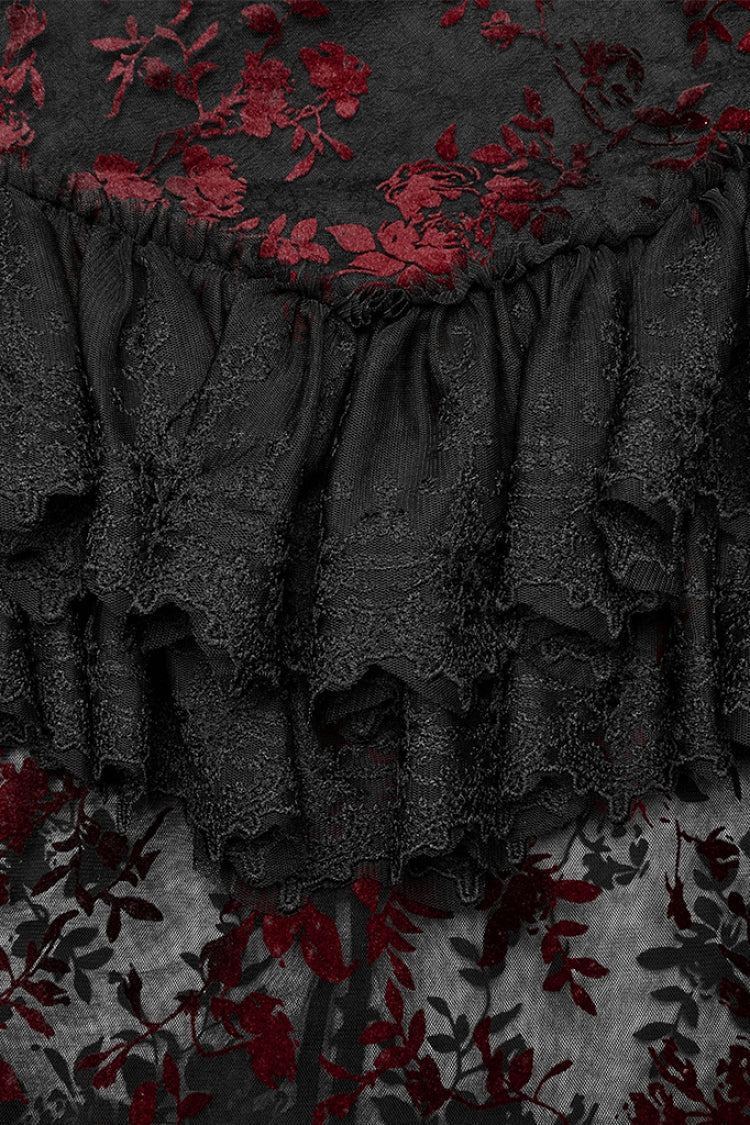 Crimson Noir Layered Ruffle Hollow Lace Gothic Skirt for Women