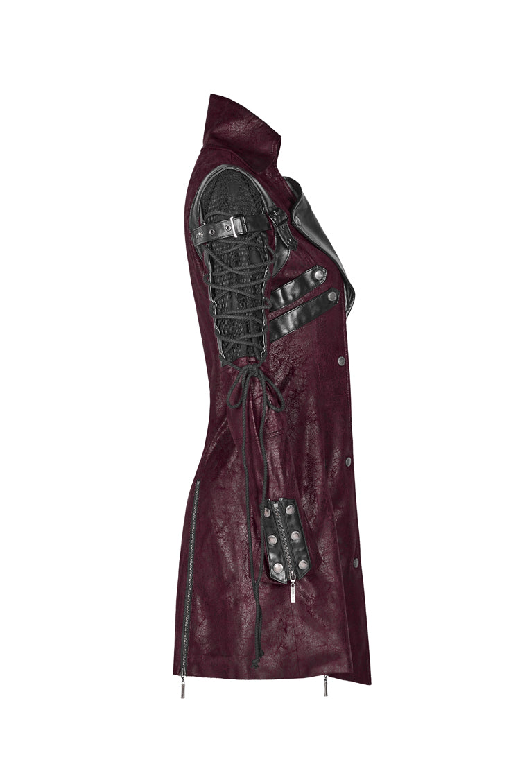 Crimson Steampunk Windbreaker with Metal Buckles and Zipper