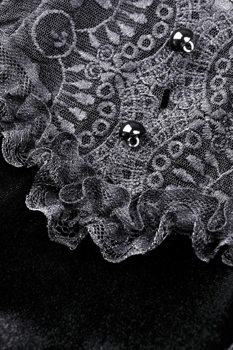 Gothic Velvet Gown with Puff Sleeves and Lace Detailing in Black