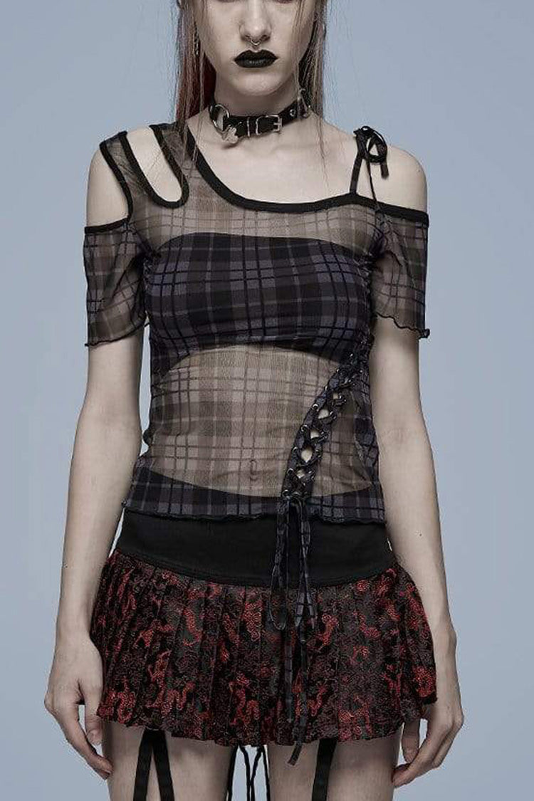 Women's Punk T-Shirt with Asymmetrical Cutout Neckline, Strap Design, Plaid Mesh