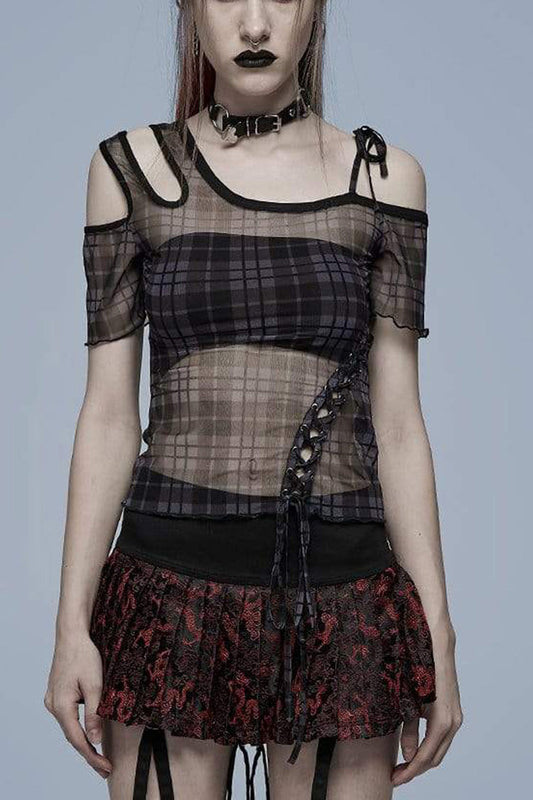 Women's Punk T-Shirt with Asymmetrical Cutout Neckline, Strap Design, Plaid Mesh