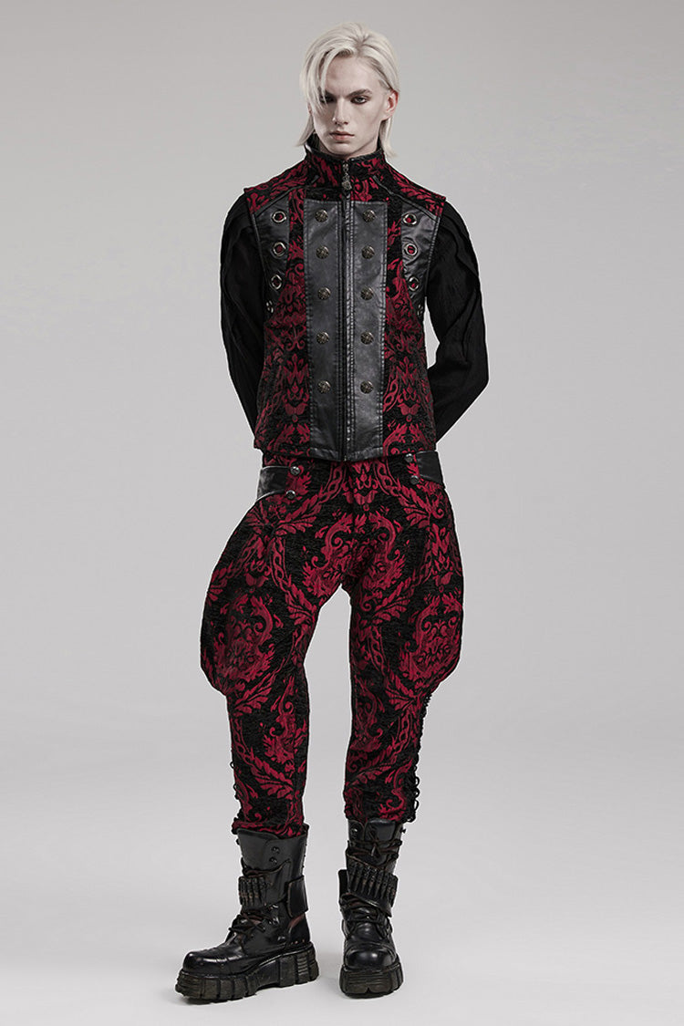 Crimson & Noir Men's Stand Collar Jacquard Print Stitched Metal Ring Gothic Vest
