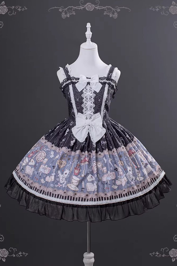 Square Collar Sleeveless Printed Bow Gothic Dress - Alice's Fantasy Tale