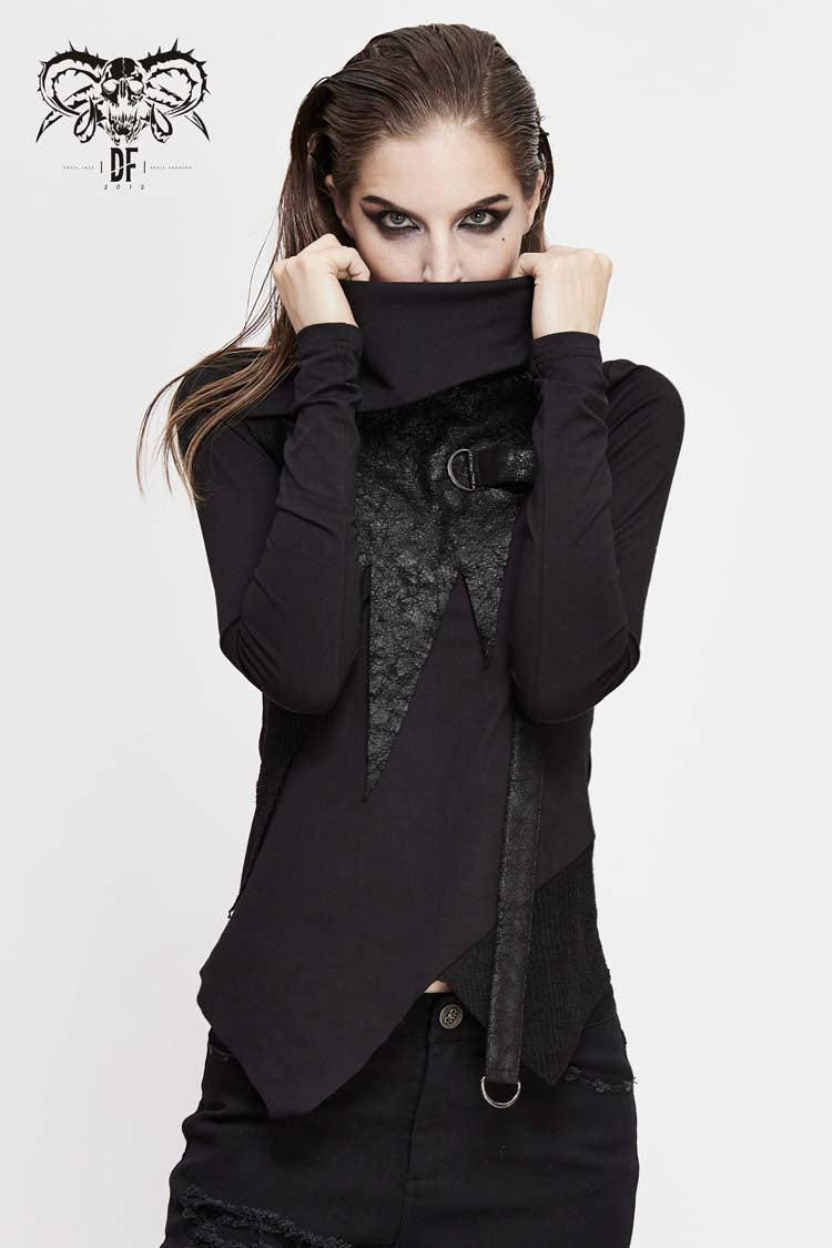 Women's Punk Tee with Cross Clasp and Asymmetric Hem - Noir